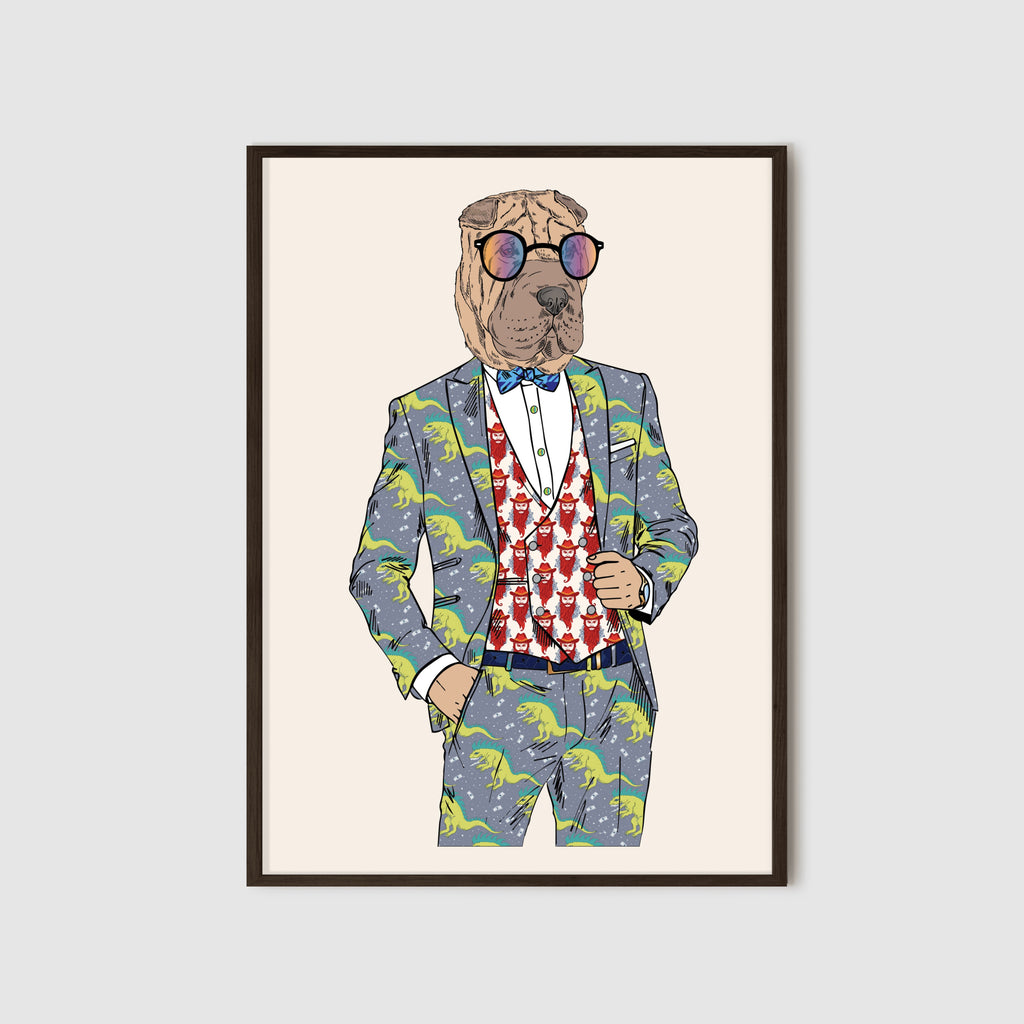 Anthropomorphic Framed Wall Art Portrait of Anthroxville Anthro Fashion Animal Shar-Pei Dog Character Bernard Banjax