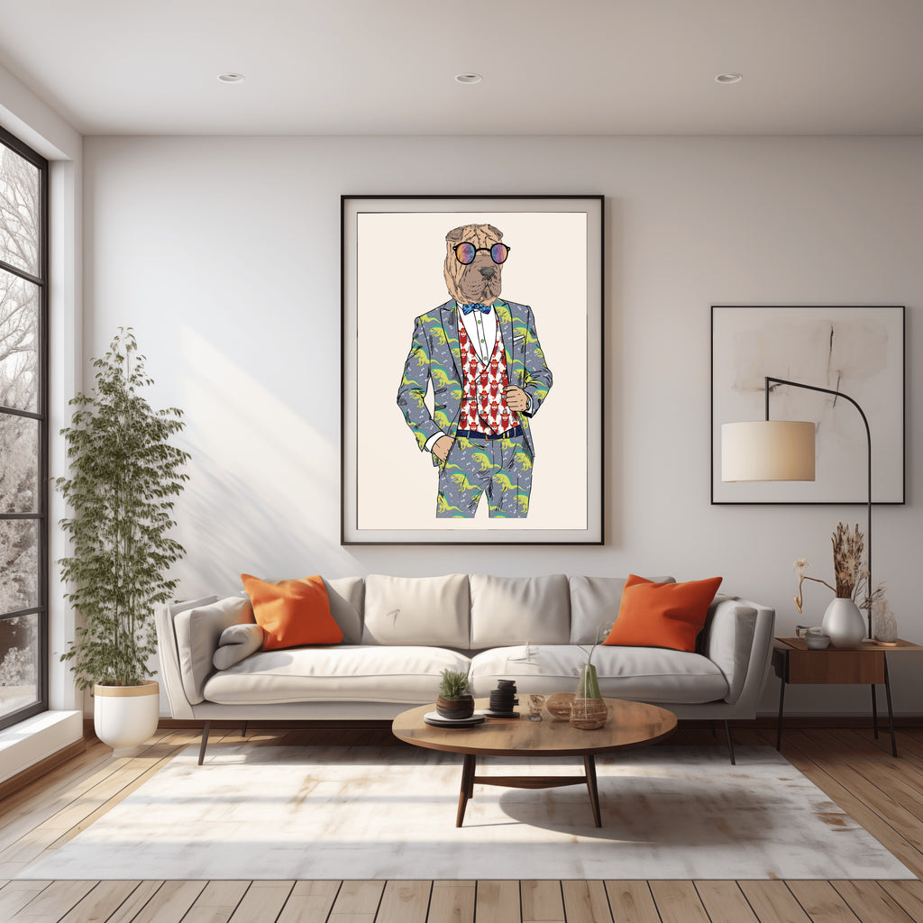 Anthropomorphic Wall Art Portrait in Living Room of Anthroxville Anthro Fashion Animal Shar-Pei Dog Character Bernard Banjax