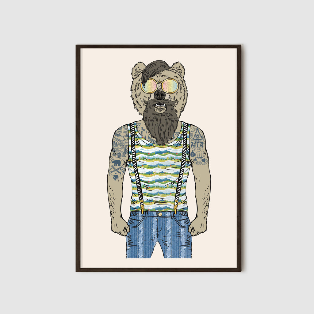 Anthropomorphic Framed Wall Art Portrait of Anthroxville Anthro Furry Brown Bear Animal Character Axel Kettlebell