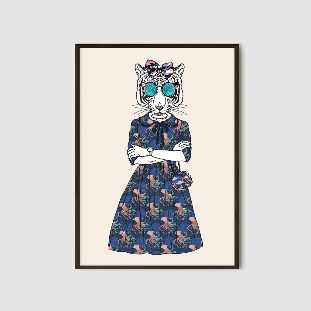 Anthropomorphic Framed Wall Art Portrait of Anthroxville Anthro Furry Fashion Animal White Tiger Character Florence de Looselips