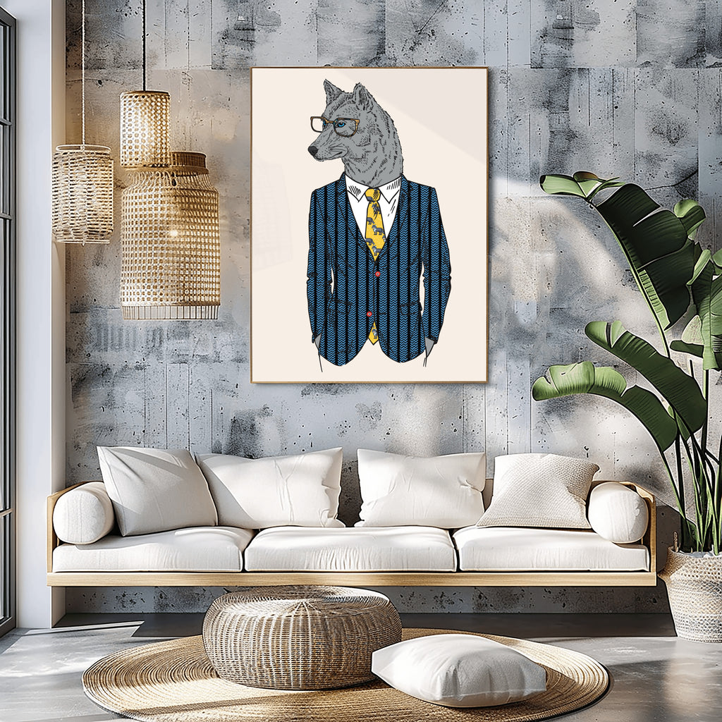 Anthropomorphic Living Room Wall Art Portrait of Anthroxville Furry Anthro Fashion Animal Wolf Character Felix Finicky-Snout